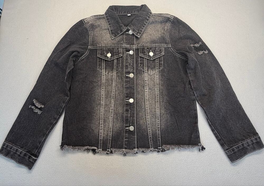 Women's Washed Distressed Cropped Raw Hem Black Denim Jacket Size S